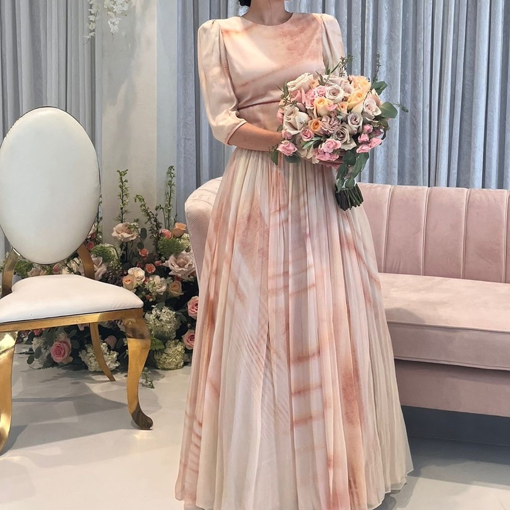 Pleated Tiered Orange and Pink Gown with Dolman Sleeves